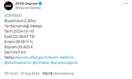 AFAD son dakika duyurdu! Hatay'da 4,2 büyüklüğünde deprem meydana geldi