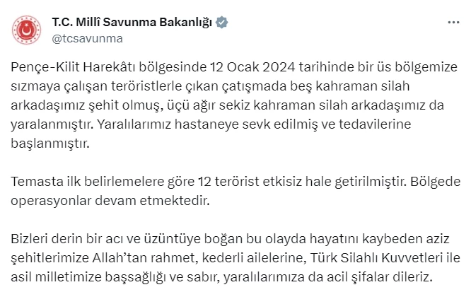 MSB son dakika duyurdu! Pençe Kilit Harekatı Bölgesinde 5 askerimiz şehit düştü, 8 askerimiz yaralandı!