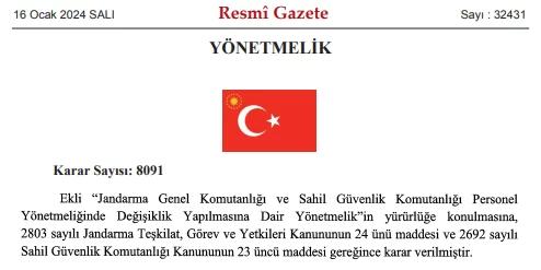 Jandarma Genel Komutanlığı ve Sahil Güvenlik Komutanlığı personel yönetmeliğinde değişiklik yapıldı