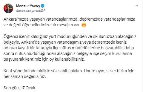 ABB Başkanı Yavaş'tan Ankara'da yaşayan depremzede ve öğrencilere oy kullanma çağrısı! - Resim : 2