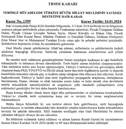 Terörle mücadelede TBMM'nin tavizsiz desteğine dair karar Resmi Gazete'de yayımlandı!