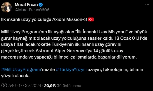 Sincan Belediye Başkanı Ercan'dan İlk İnsanlı Uzay Misyonu paylaşımı! Alper Gezeravcı'ya tebrik