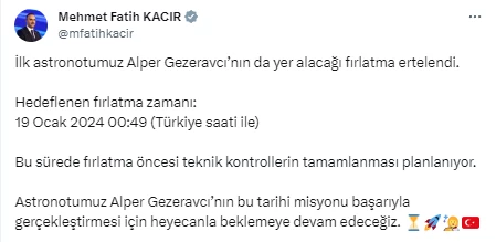 Türkiye'nin ilk uzay yolculuğu 19 Ocak'a ertelendi!