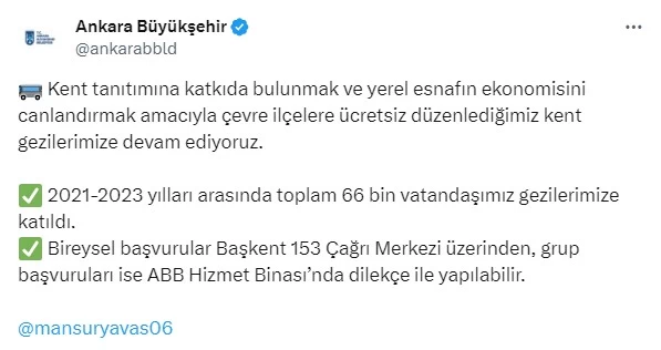 Ankara Büyükşehir Belediyesi çevre ilçelere ücretsiz kent gezileri düzenliyor