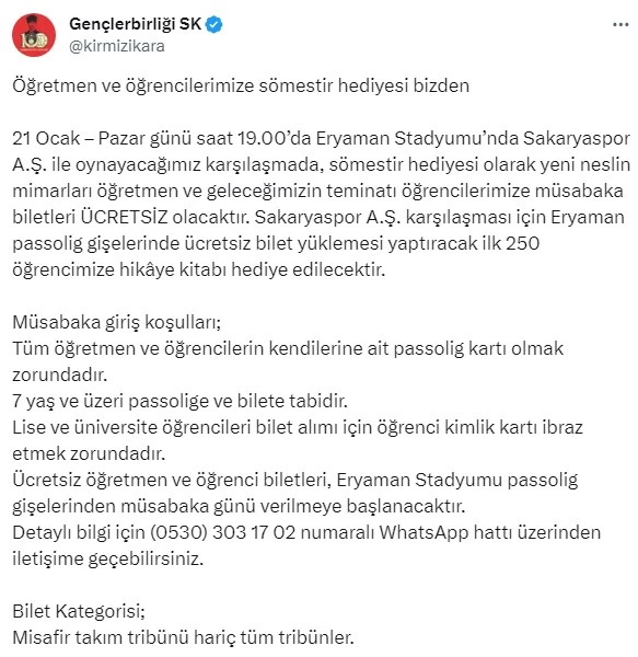 Gençlerbirliği'nden öğretmen ve öğrencilere yarıyıl tatili hediyesi!