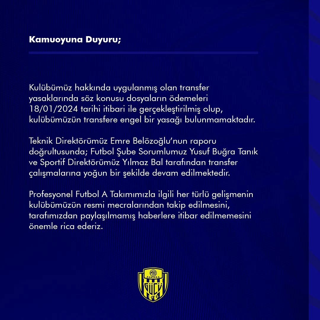 Ankaragücü taraftarına müjde! Transfer yasağı kalktı