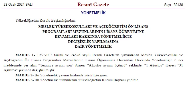 Meslek Yüksekokulları ve Açıköğretim Ön Lisans mezunları için karar Resmi Gazete'de yayımlandı!