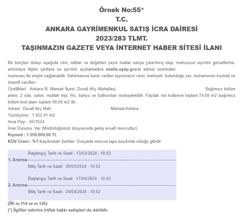 Konut almak isteyenlere açık artırma ile satılacak! 74 metrekare 2+1 konut fırsatından yararlanacaklar elini çabuk tutsun