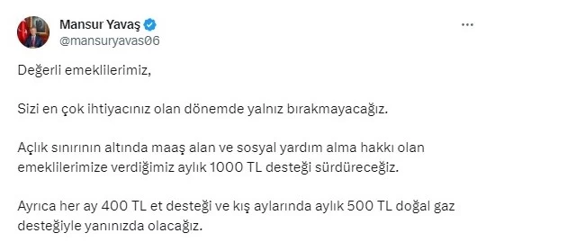 Ankaralı emeklilere Mansur Yavaş jesti! Belediyeden emeklilere 1.900 TL destek müjdesi