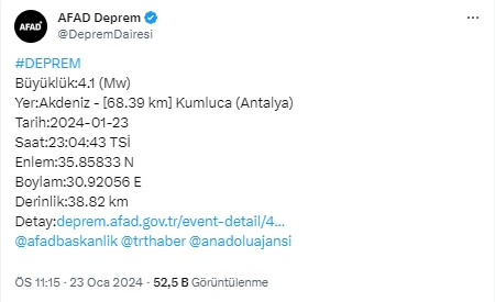 Gece saatlerinde Akdeniz'de 4,1 büyüklüğünde deprem meydana geldi!