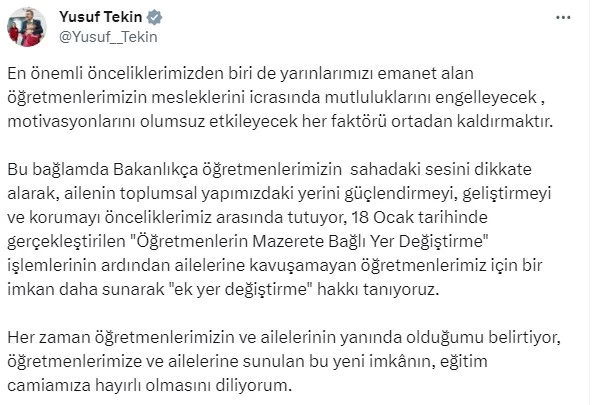 Milli Eğitim Bakanı Yusuf Tekin'den öğretmenlere müjdeli haber!