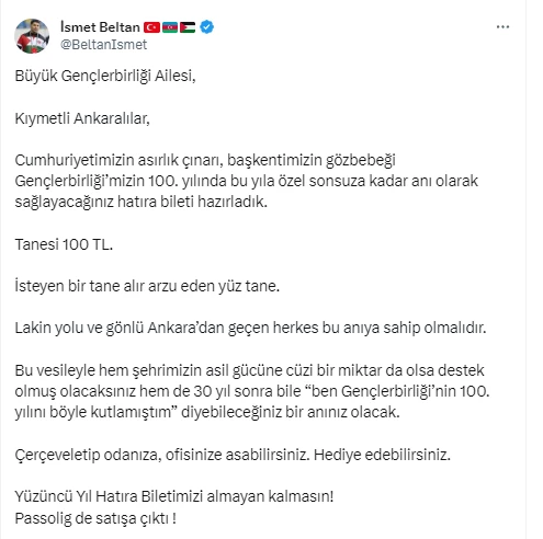 Gençlerbirliği 100'üncü yılına özel hatıra bileti çıkarıyor