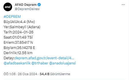 AFAD son dakika duyurdu! Adana'da 4,4 büyüklüğünde deprem meydana geldi