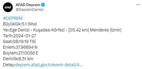 AFAD son dakika 5,1 büyüklüğünde deprem meydana geldiğini duyurdu