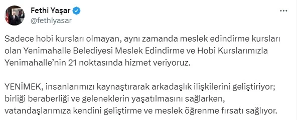 Yenimahalle Belediyesi Meslek Edindirme ve Hobi Kursları devam ediyor