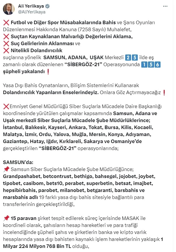 Bakan Yerlikaya açıkladı! Ankara ve 24 ilde yasadışı bahis operasyonu düzenlendi