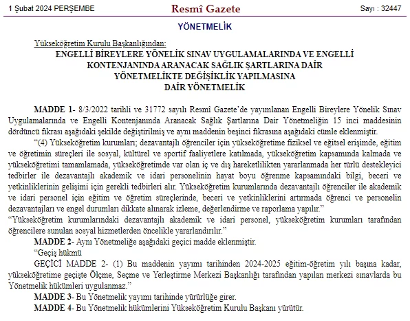 YÖK duyurdu! Engelli bireylere yönelik sınav ve kontenjanda aranacak sağlık şartlarında değişiklik yapıldı