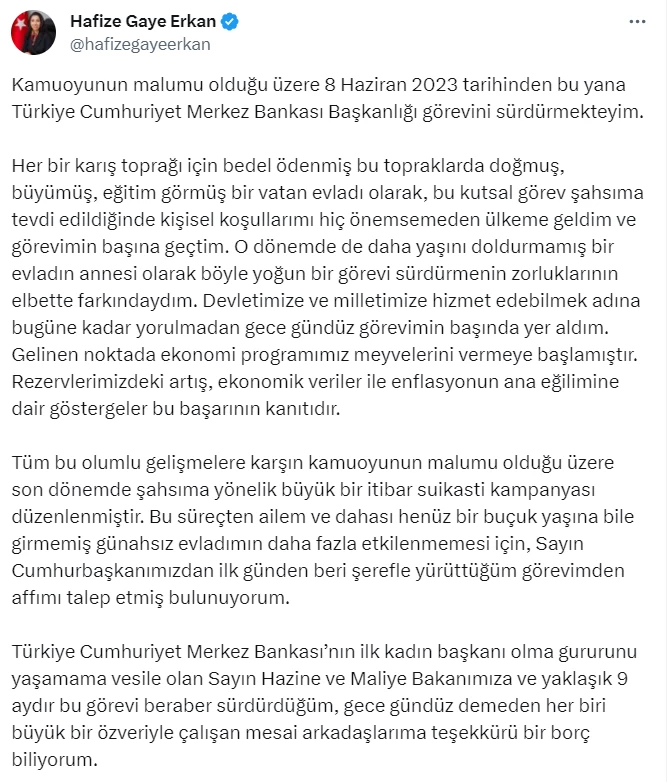 Hazine ve Maliye Bakanı Şimşek duyurdu! TCMB Başkanı Hafize Gaye Erkan istifa etti!