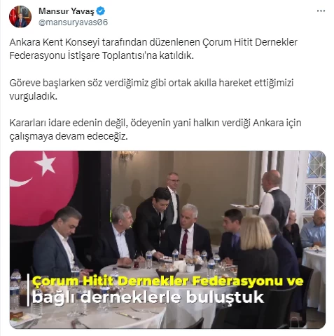 ABB Başkanı Yavaş Ankara Kent Konseyi'nce düzenlenen Çorum Hitit Dernekler Federasyonu İstişare Toplantısı'na katıldı!