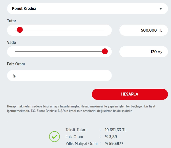 120 ay vadeli 500 bin TL konut kredisinin aylık taksit ödemesi güncellendi