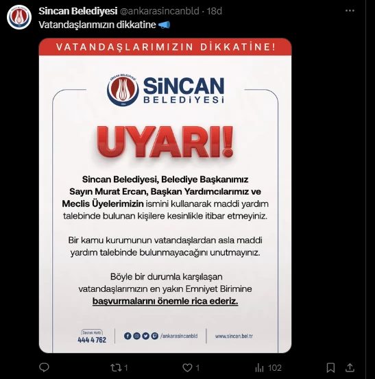 Sincan Belediyesi'nden vatandaşa uyarı! Dolandırıcılara aman dikkat