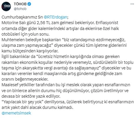 Türkiye Özel Halk Otobüsleri Birliğinden Cumhurbaşkanı Erdoğan'a yardım çağrısı!