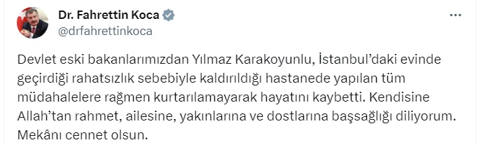 Bakan Koca duyurdu! Eski bakanlardan Yılmaz Karakoyunlu vefat etti