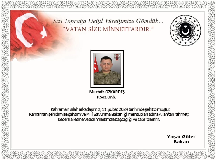 MSB acı haberi duyurdu! Pençe-Kaplan Operasyonu bölgesinde bir asker araç kazasında şehit oldu