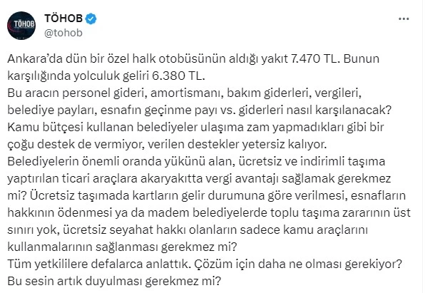 TÖHOB özel halk otobüslerinin zarar ettiğini açıkladı