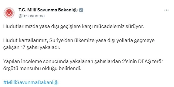 Milli Savunma Bakanlığı yasadışı yollarla sınırı geçmeye çalışan 17 kişinin yakalandığını açıkladı