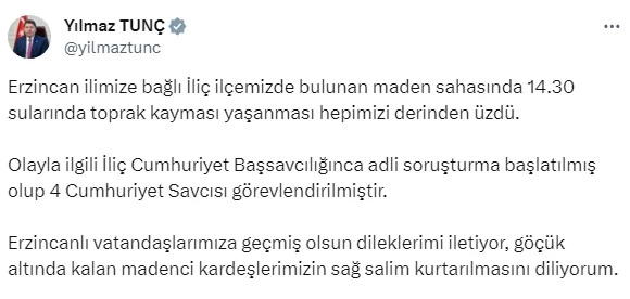 Erzincan'ın İliç ilçesinde yaşanan göçük ile ilgili ilk açıklamalar geldi