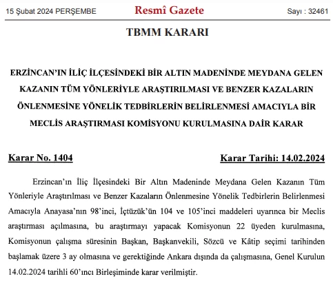 Resmi Gazete'de yayımlandı! Erzincan'da madende meydana gelen kazanın araştırılması için komisyon kurulacak