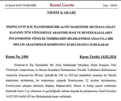 Erzincan’daki maden kazasına ilişkin Komisyon kurulmasına dair karar Resmi Gazete’de yayımlandı! - Resim : 2