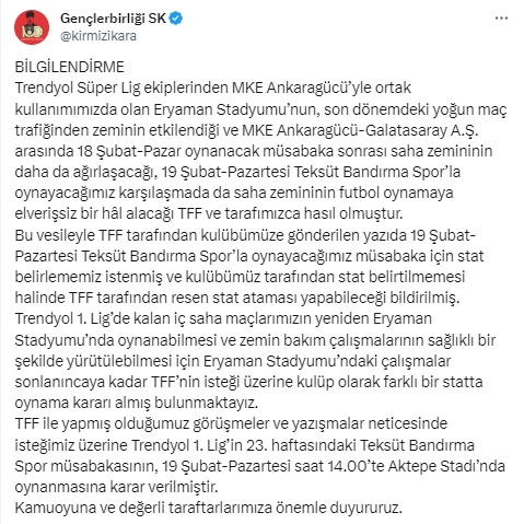 Gençlerbirliği duyurdu! Bandırmaspor karşılaşması Eryaman Stadyumu'nda oynanmayacak!