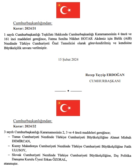 16 Şubat tarihli Cumhurbaşkanlığı atama kararları Resmi Gazete'de yayımlandı!