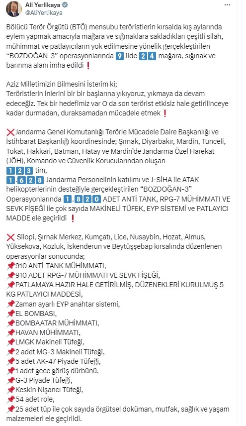 Bakanlık Açıkladı! Eylem hazırlığı yapan teröristlere Bozdoğan-3 operasyonu düzenlendi