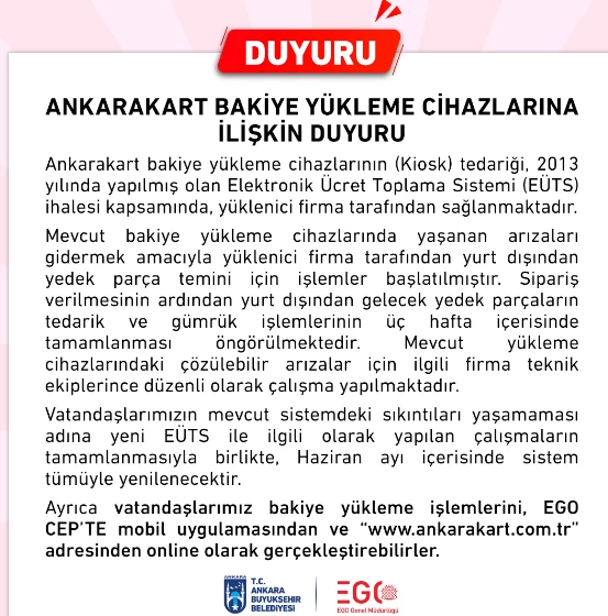 EGO'dan Ankarakart bakiye yükleme cihazlarına ilişkin duyuru!