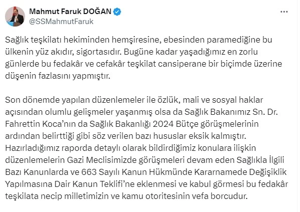 Sağlık-Sen sağlık çalışanlarının nöbet ücretlerinin arttırılması için TBMM'ye seslendi