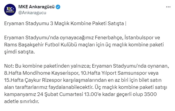 Ankaragücü 3 maçlık özel kombine paketi satışa sunduğunu açıkladı