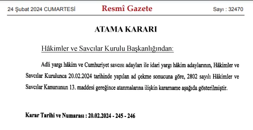 Resmi Gazete'de hakim ve savcı adayı atamalarına ilişkin karar yayımlandı!