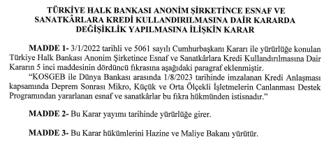 Halkbank, Esnaf ve Sanatkarlara kredi kullanmasına dair kararı yayımladı! - Resim : 2