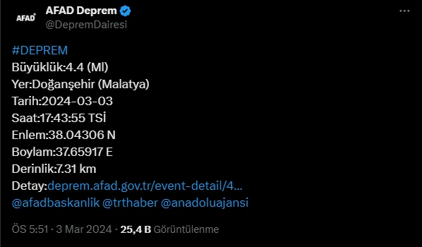 AFAD son dakika duyurdu! Malatya'da 4,4 büyüklüğünde deprem meydana geldi