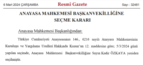 Resmi Gazete'de yayımlandı! AYM Başkanvekilliğine yeniden Kadir Özkaya seçildi