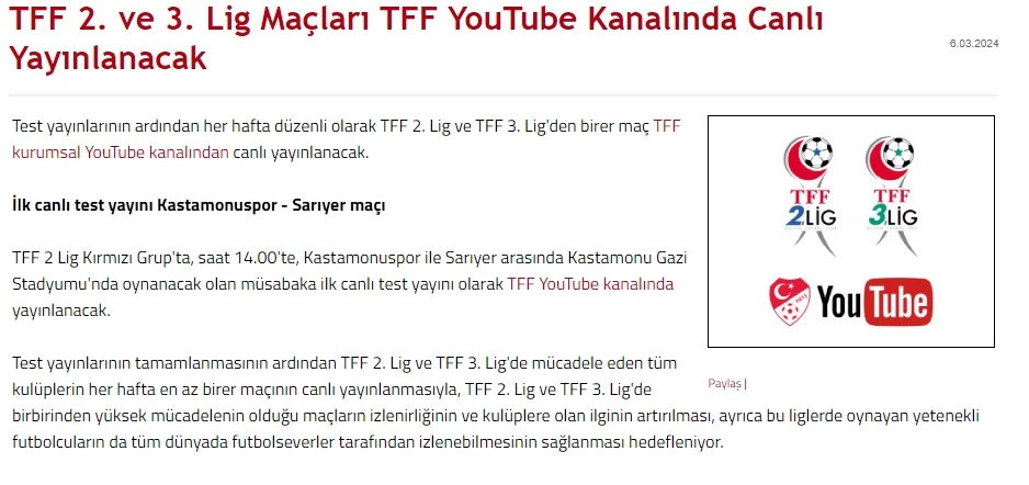 TFF 2. ve 3. Lig maçlarını Youtube üzerinden yayınlayacağını açıkladı!