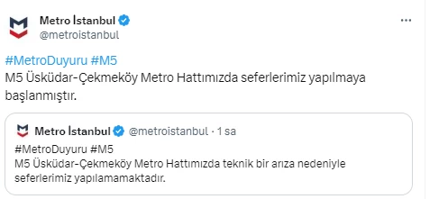 İstanbul metrosu arızalandı mı, seferler ne zaman başlayacak?