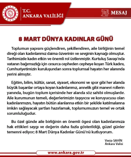 Ankara Valisi Şahin'den 8 Mart Kadınlar Günü mesajı!