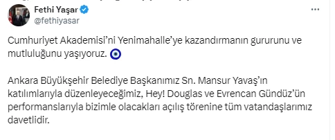 Yenimahalle Cumhuriyet Akademisi'nin açılışı Hey Douglas ve Evrencan Gündüz konseri ile yapılacak!