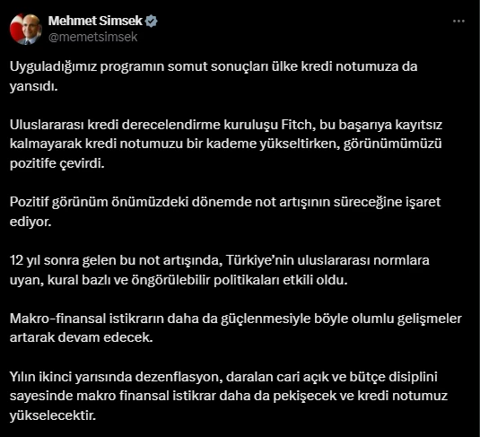 Bakan Şimşek'ten Fitch yorumu geldi! Not artışının süreceğine işaret ediyor