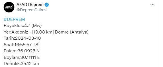 Antalya açıklarında 4,7 büyüklüğünde deprem meydana geldi!