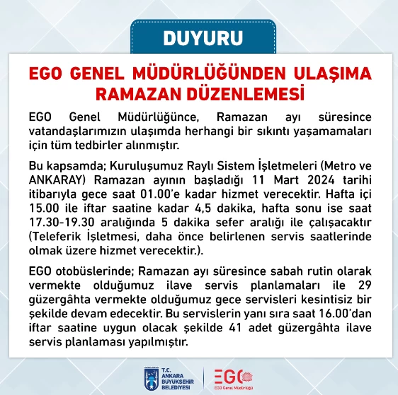 EGO Genel Müdürlüğü duyurdu! Ankara'da ulaşıma Ramazan düzenlemesi geldi